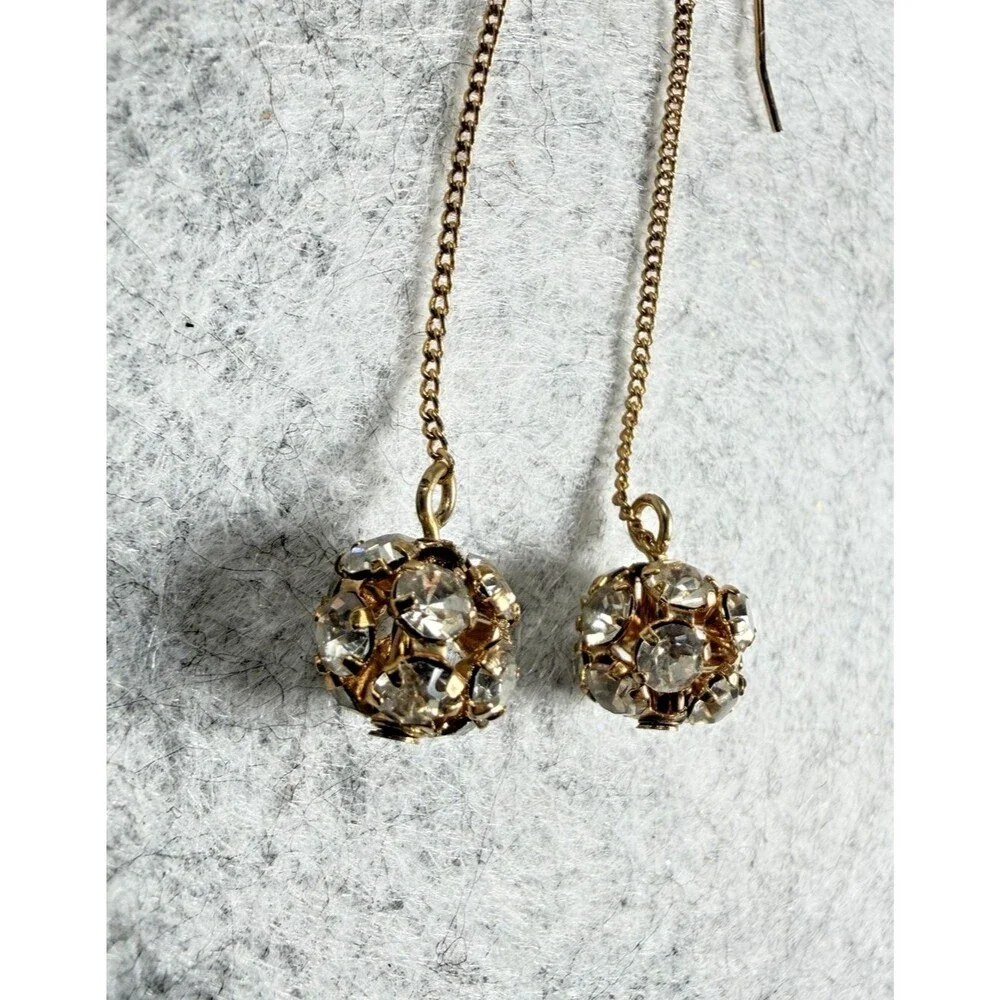 Vintage Rhinestone Ball Dangle Earrings Gold Tone Long Chain Shoulder Dusters